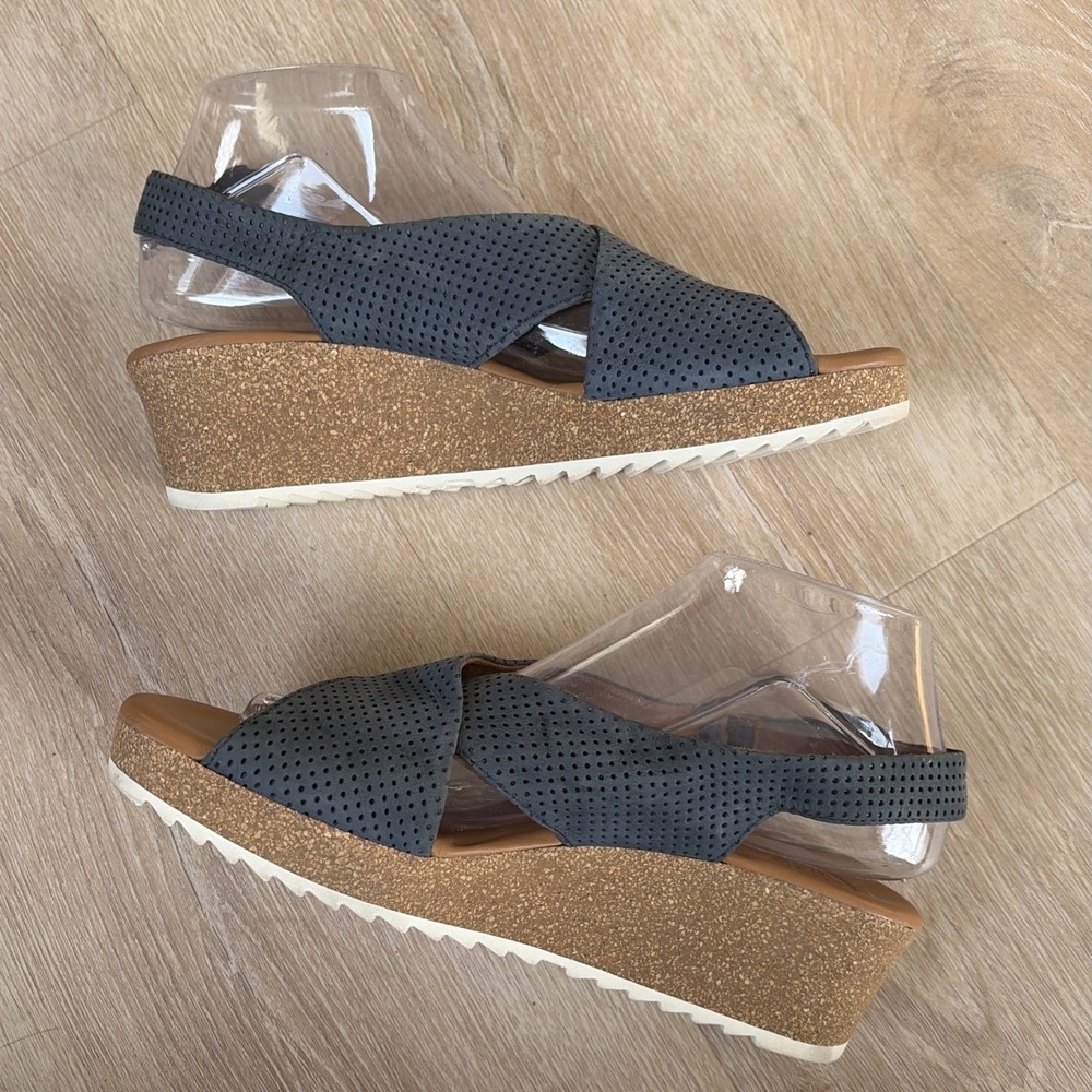 Paul Green Blue Suede Criss Cross Cork Wedge Sandal US 6 Hook & Loop Close EUC - Picture 5 of 9